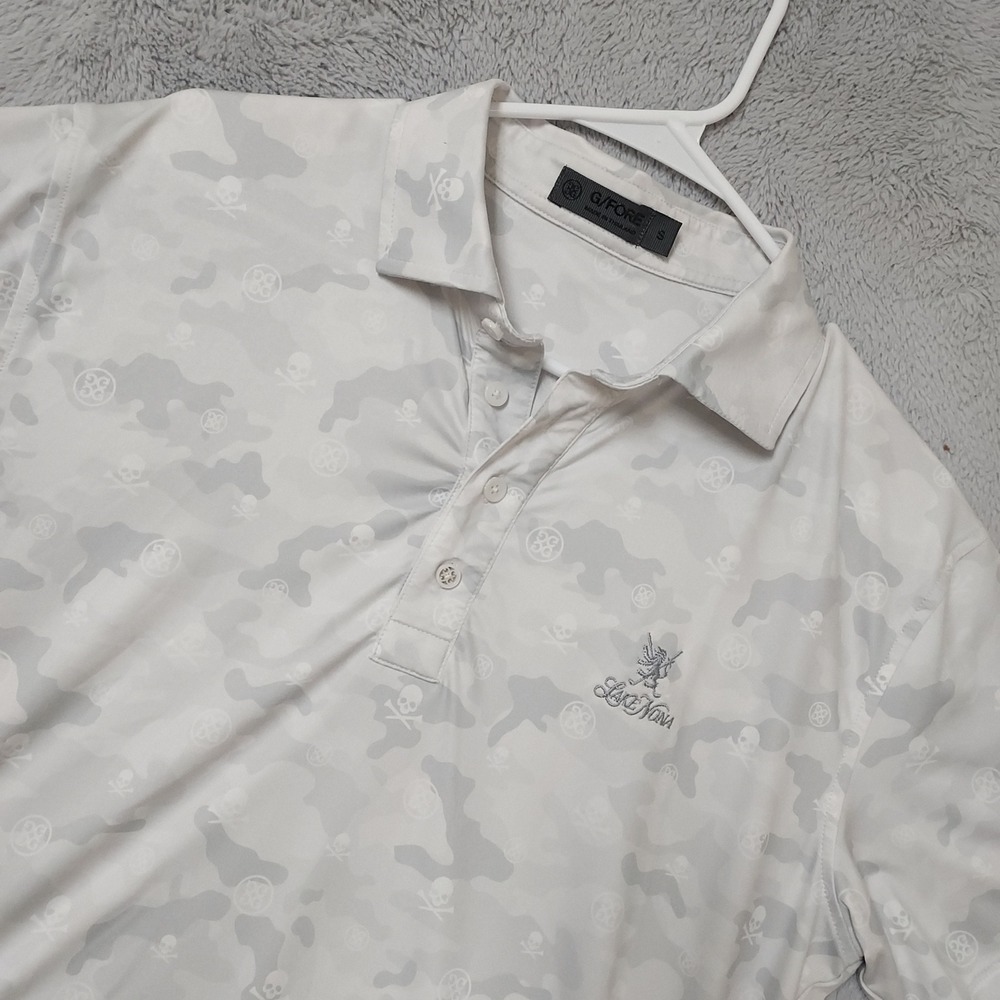 G FORE Polo Shirt Mens Small Lake Nona Golf Camo Skull White Gray Pirate Jersey